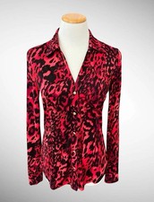 Cache Vintage Buttondown Red Leopard Print Blouse Long Sleeves, Size M