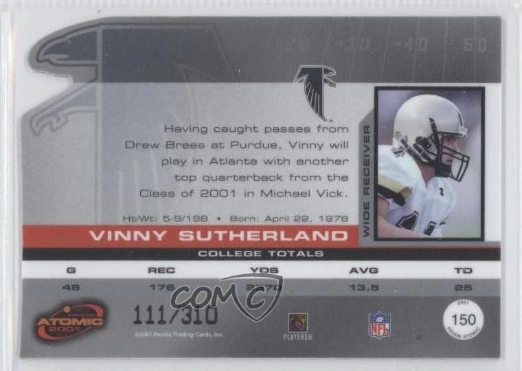 2001 Pacific Prism Atomic Rookie Red /310 Vinny Sutherland #150 Rookie RC - Image 2 of 2