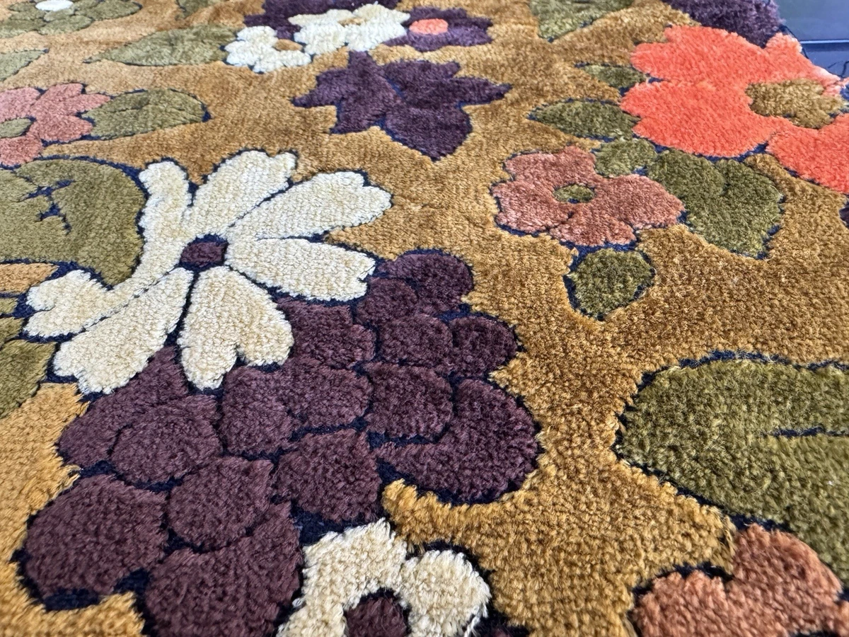70s Upholstery Fabric 16.5 x 21” Flower Orange Brown Green Ivory Velvet-Like VTG