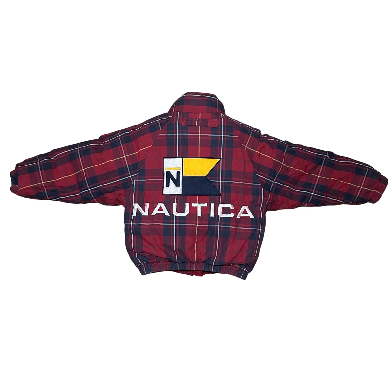 Vintage 90s Nautica Kids Puffer Jacket Red Plaid Hooded Duck Down Size S 8/10