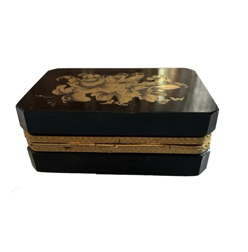 Vintage Hinged Murano Black Opaline Glass Box Casket with Gilded Floral Top MCM