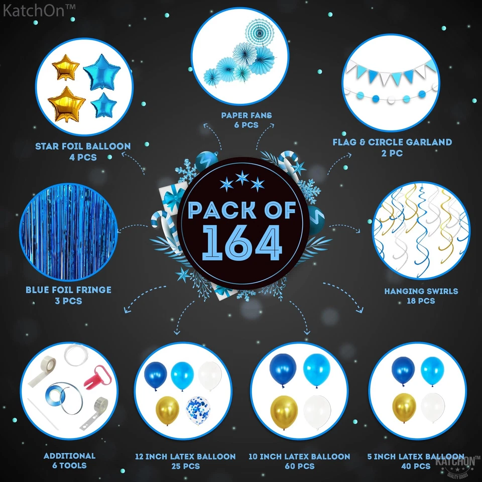 , Juego de Decoraciones de Fiesta Azul - Pack de 164 | Arco Globo Blanco, Azul y Dorado... Foto 2 de 4