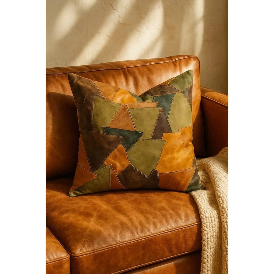 Boho Leather Patchwork Cushion Cover - Artisan Rustic Earth Tone Pillow - Image 3 of 4