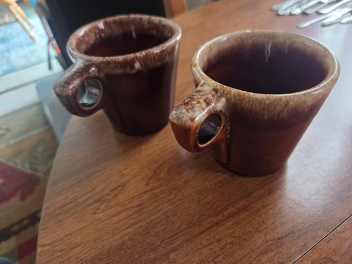 (2) VTG Hull Pottery Coffee Mug Cup Brown Drip Glaze Oven Proof USA