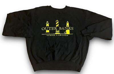 Vintage Outer Banks NC Lighthouse Beach Sweatshirt Black Hanes Irregular Medium