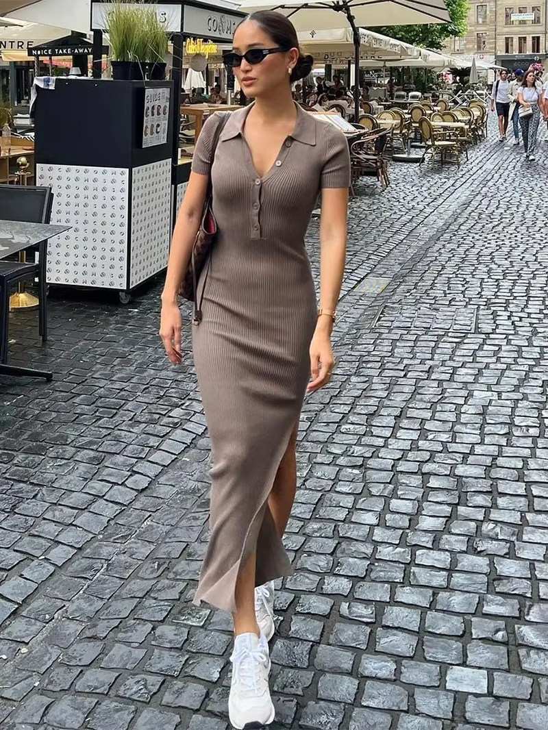 Elegant Office Lady Maxi Dress Solid Fashion Turn-Down Collar Short Sleeve  Wear