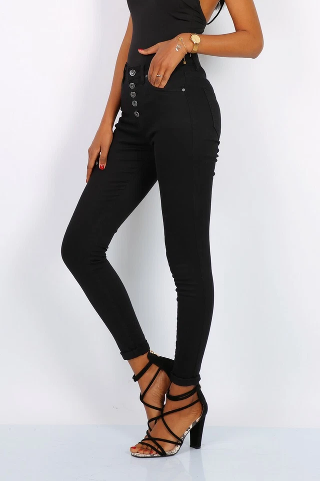 Skinny Damen Stretch Röhrenjeans mit Knopfleiste Schwarz #H1815 - Bild 3 von 4