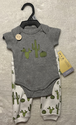 Monica+Andy Organic First Moves 2pc Bodysuit & Pants CACTUS Print NEWBORN NWT