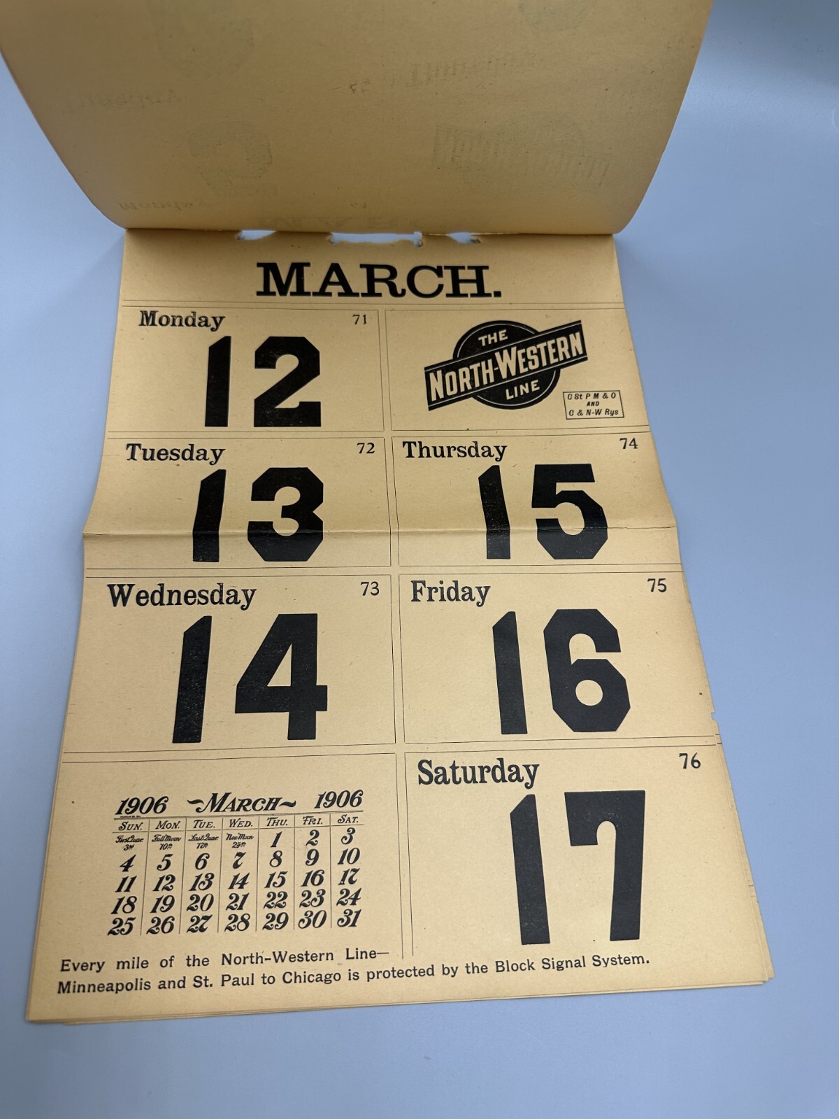 1906 CHICAGO NORTH WESTERN Railway RAILROAD DEPOT Calendar Complete MARCH Antque