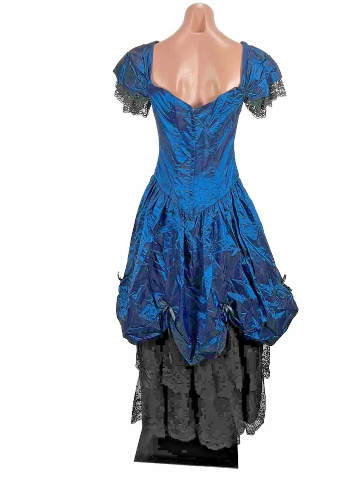 Vestido de graduación vintage de los años 80 manga hinchada formal fuera del hombro encaje en capas S/M metálico Foto 2 de 4