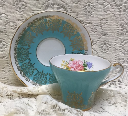 VTG Royal Stafford Tea Cup & Saucer Set Turquoise Aqua Pink Carnations PRETTY! - Picture 4 of 13