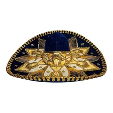Salazar Yepez Charro Sombrero Hat Blue Velvet Gold Embroidery Medium
