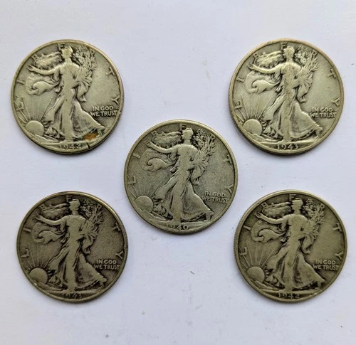 Lot of 5 Walking Liberty Half Dollars – 90% Silver – Better Detail Coins
