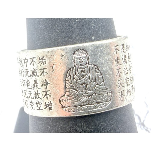 Buddha Script Ring Size 9 Silver Tone Marked 999 Wide Open Band