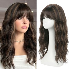 Dark Brown MIxed Chestnut w/ French Bangs Wavy 20in Women Premium Hair Topper
