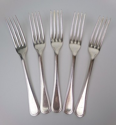 Vintage Tafelgabeln x 5. Perlenmuster. Versilbert. Qualität schwer. 7 5/8''