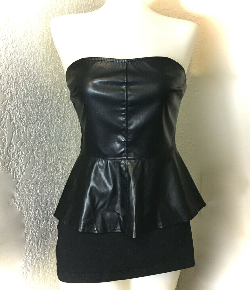 Women Vegan Faux Black Leather Corset Bustier Crop Top Blouse Shirt Forever  21