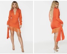 Orange Long Sleeve Tassel Hem Drape Detail Bodycon Dress - Size 10