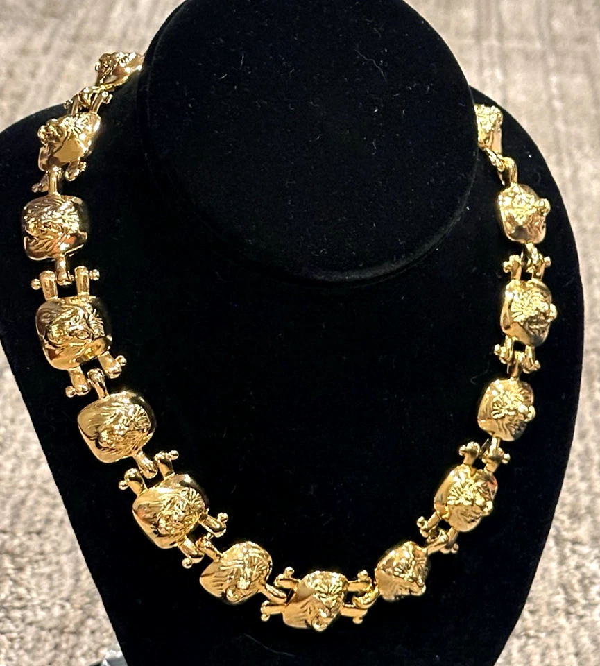 COLLAR GARGANTILLA CABEZA DE LEÓN ESLABÓN PANELADO GRUESO CADENA ORO DECLARACIÓN 17" LN AK? Foto 3 de 4