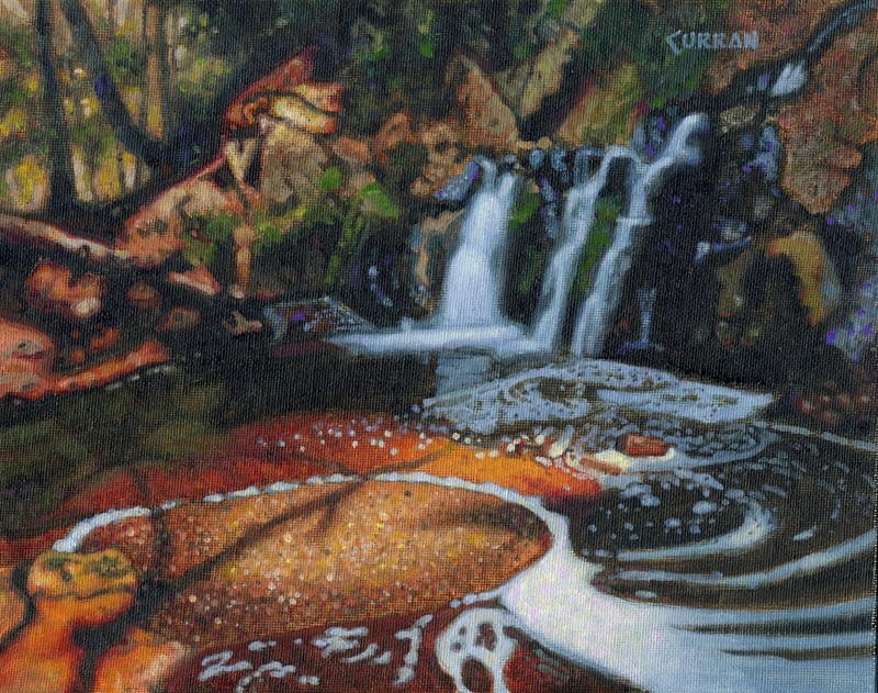 ORIGINAL OIL PAINTING, BEAUTIFUL WATERFALL IN WOODS LANDSCAPE, listed artist NR!