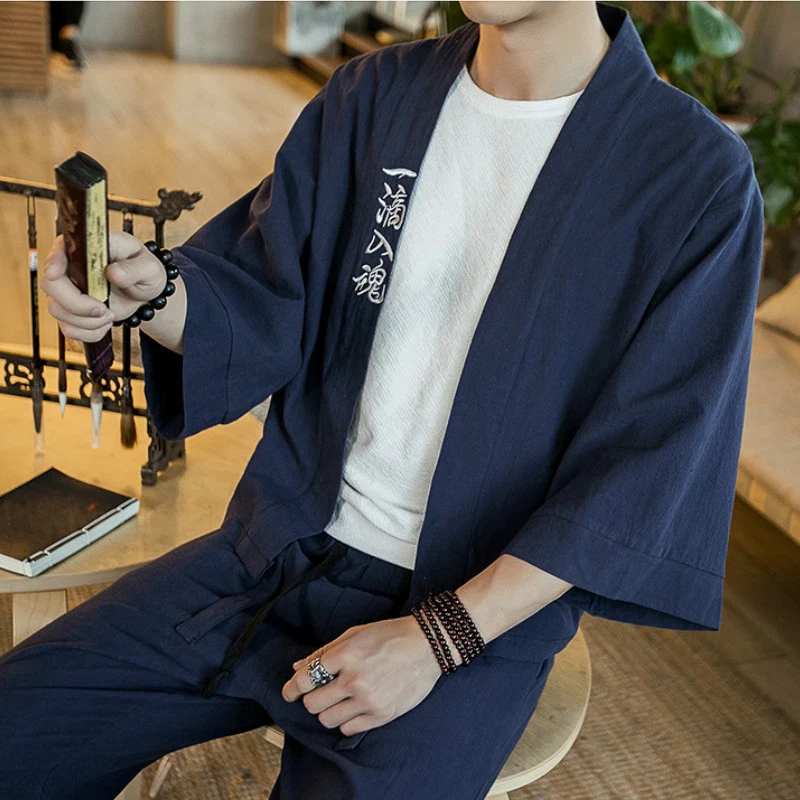 Japanese Men Kimono Jacket Embroidery Loose Coat Linen Cotton Cardigan  Outerwear