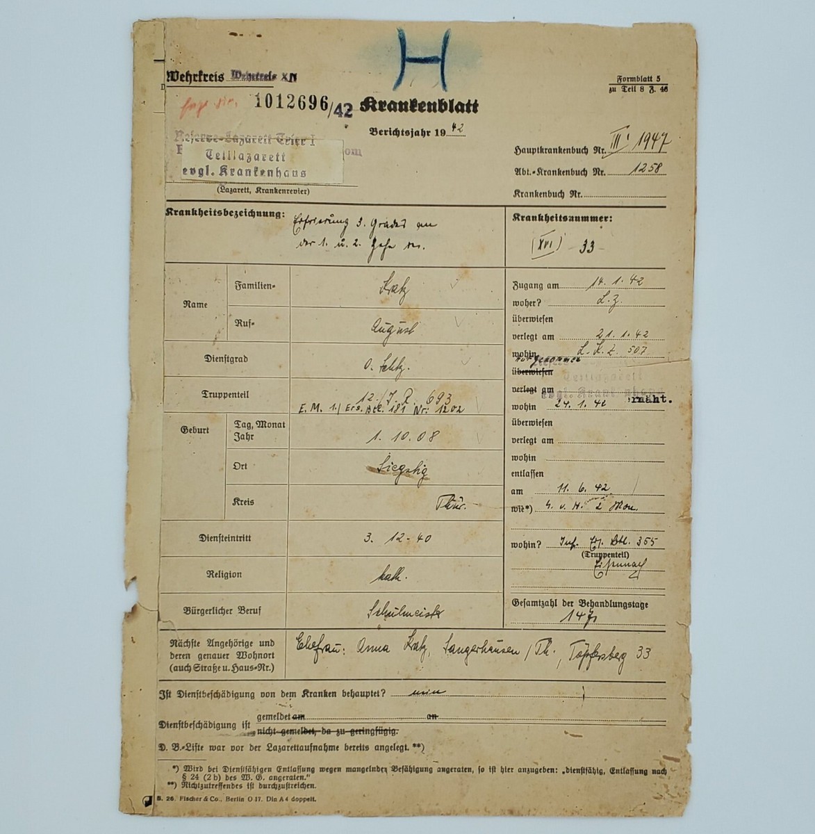 Original WWII German Wehrmacht Medical Papers Trier 1942 Frostbite