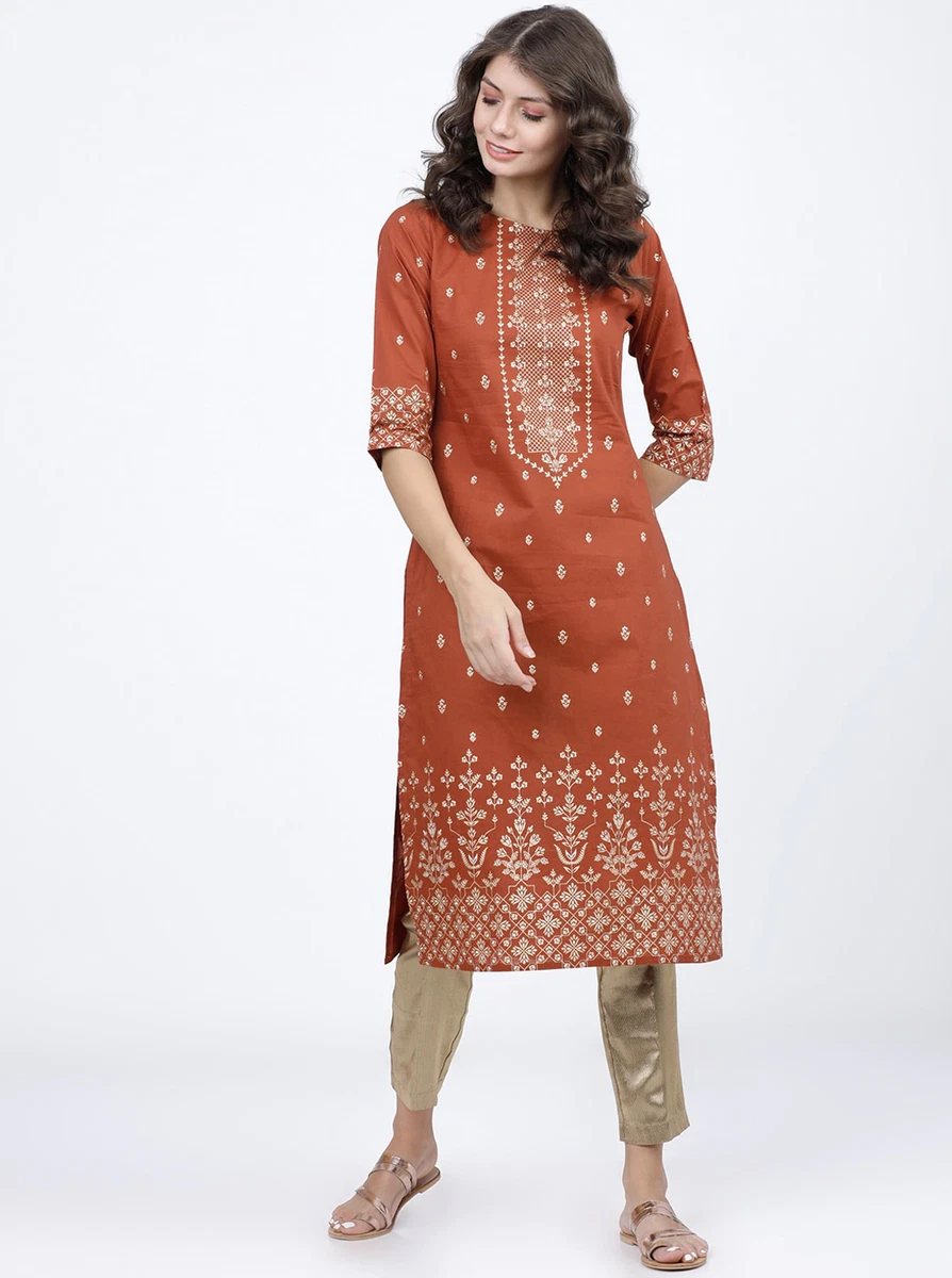 Straight style Cotton fabric Rust color floral Printed kurti and palazzo  with kota doria Dupatta thread & Mirror work