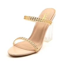 Glaze Women's Clear Block Heel Sandals Gold Chain Straps 4 Inch Clear Block Heel