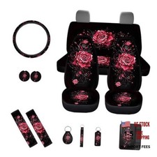 Print Car Seat Cover Full Set for Women,Universal Car Steering Wheel Rose