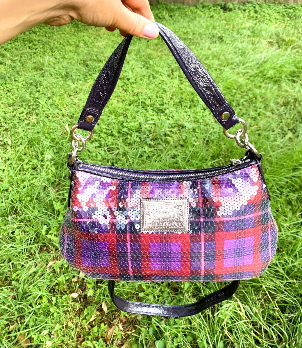 COACH POPPY Tartan Plaid purple Sequins Shoulder Purse F1069-16048