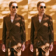 Double Breasted Brown Pinstripe Men Suit 2Pcs Peak Lapel Formal Business Wedding