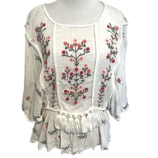 Willow & Clay Embroidered Open Back Tassel Top Womens Large Floral Cottage Boho