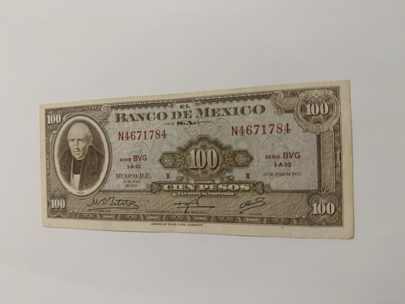 MEX Bank Notes: El Banco de Mexico S.A, 100 Pesos 1973 Serie BVG 1-A-10 X
