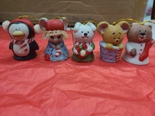 Christmas Lil Chimers Bisque Ornaments Jasco Set of 5 Bells 1980’s Vintage Deco
