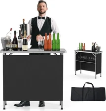 Portable Bar Table, 2-Tier Shelves, Mobile Bar Table, 39 "L x 34" H