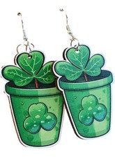 St Patrick's Day Earrings Green Leaves lrish Shamrock Clover Wooden Dangle