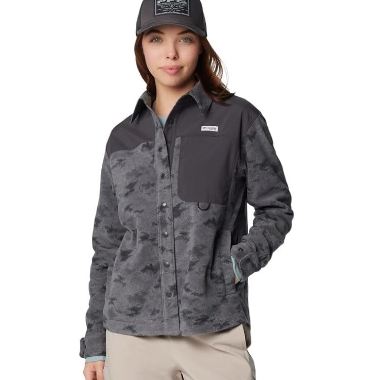 Columbia PFG Women's Camo Fleece Snap Front Shirt Jacket Regular Fit L Large NWT