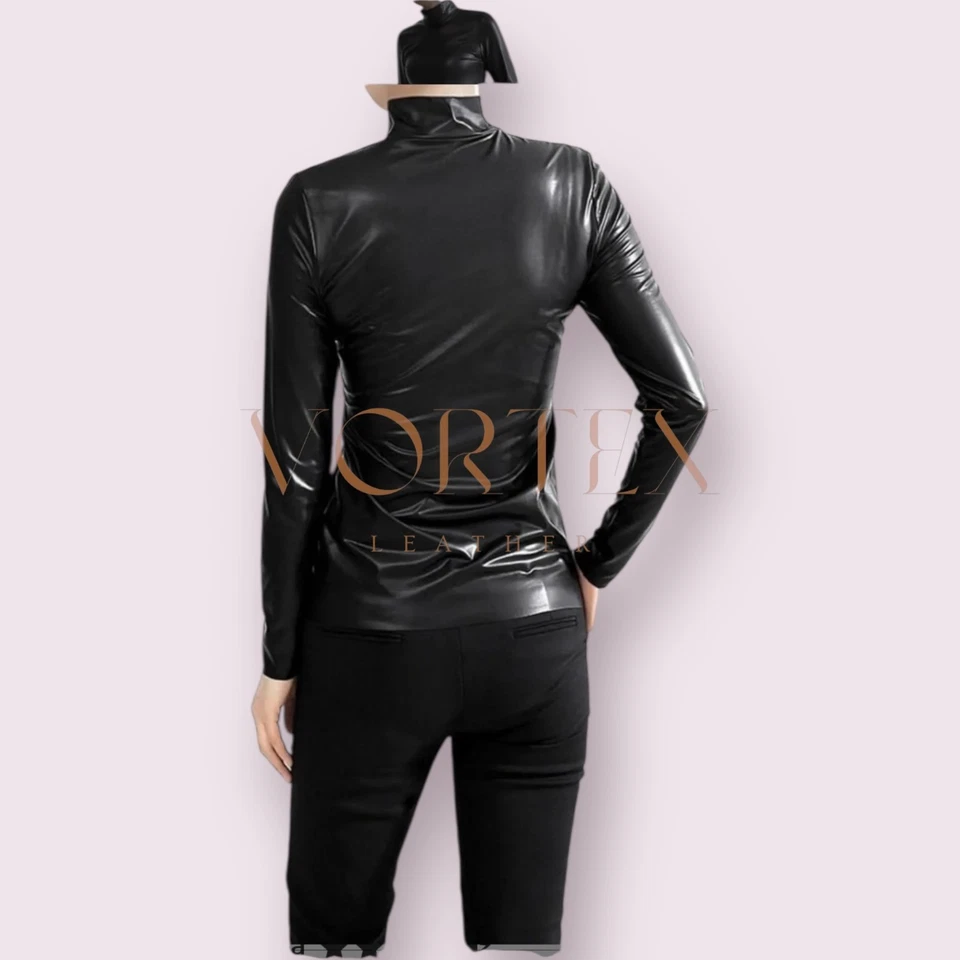 Mujeres Camisa de Cuero Negra Cuello Alto Camisa de Cuero de Cordero Genuino Camisa Calce Ajustado Foto 3 de 4