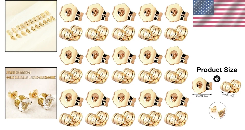 Respaldos de pendientes de oro de 14k 30 un. - Repuesto de bloqueo seguro para todos los pendientes Foto 2 de 4