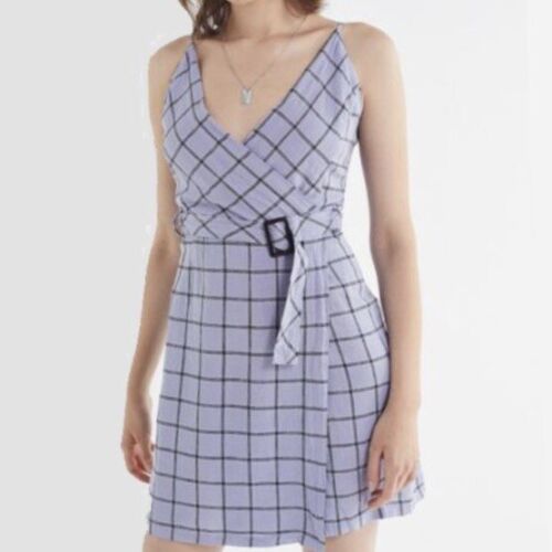 Urban Outfitters Blue Plaid Sleeveless Deep V Faux Wrap Dress | eBay