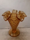 Vintage Fenton Ruffle Amber Hobnail Footed Compote Glass Vase. 4" Tall