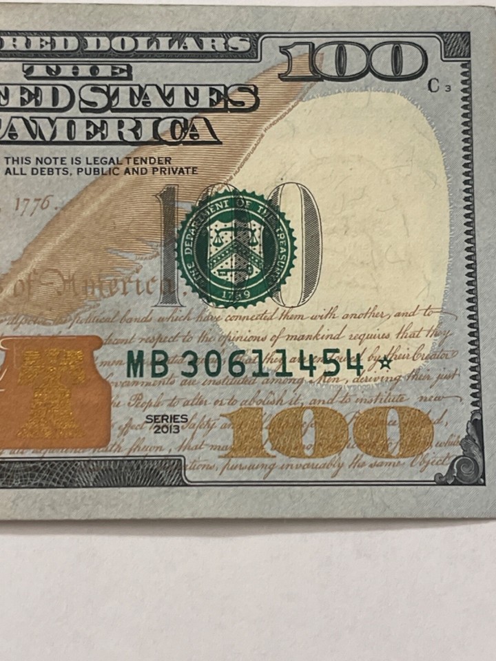 2013 rare And Unique serial number star note 100 dollar bill MB30611454 ...