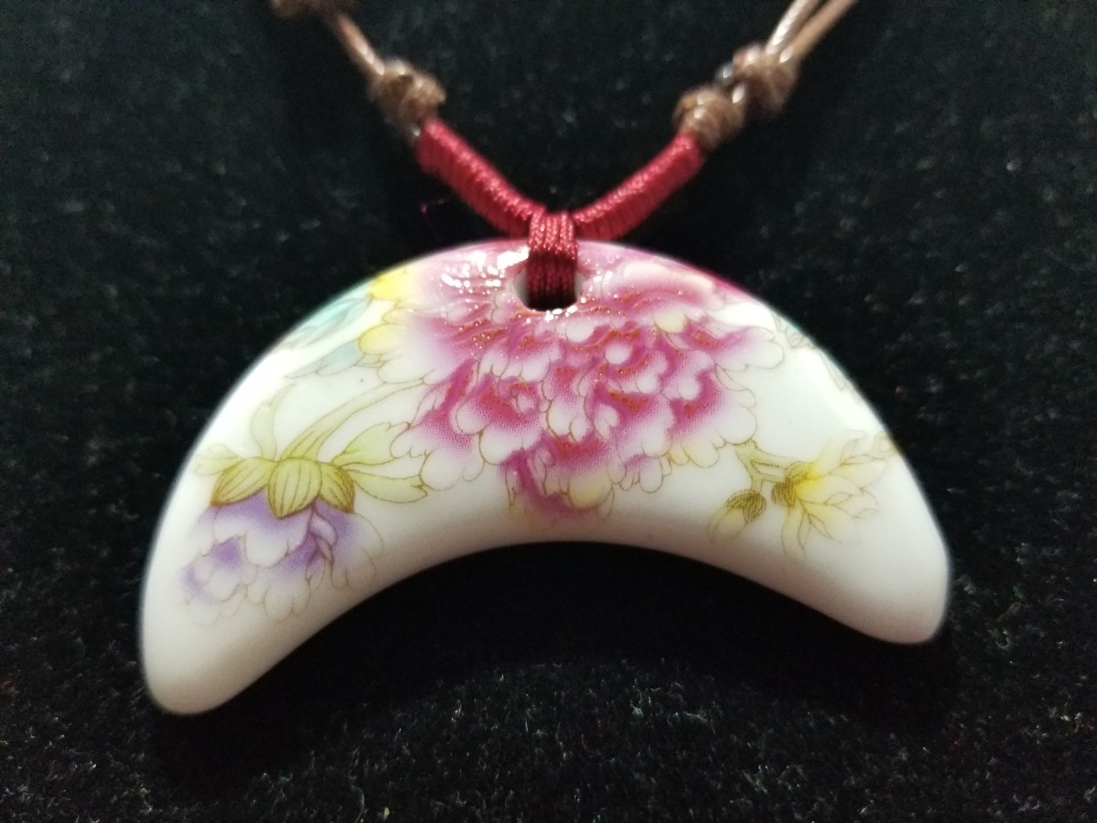 Handpainted Floral Crescent Porcelain Pendant Slipcord Necklace Z15 eBay