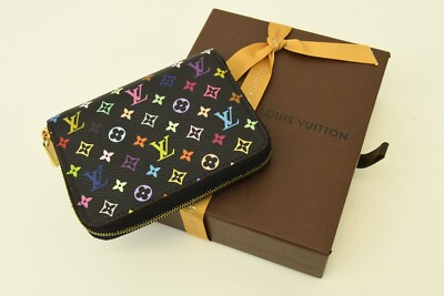 Authentic Louis Vuitton Black Multicolor Monogram Coin Clutch Wallet Zip Leather