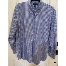 Lands End Mens Supima Cotton Shirt Size 17 34 Blue Plaid Long Sleeve Button Down