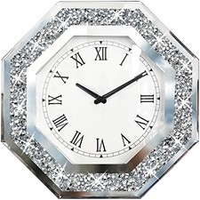 Wall Clock, Octagon Mirror Glass Clock, Cute Diamond 12x12 inch Diamond Silver