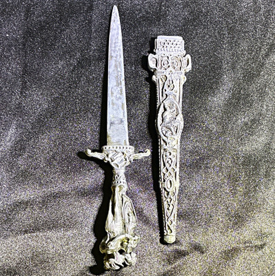 Silver Tone Ornate Decorative Dagger w/ Sheath, Double Edge Metal Blade