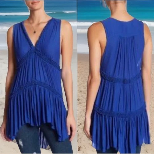 Free People Shirt Top Tunic L Haze Royal Blue V Neck Hi Low Hem Tiered Bohemian