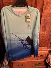 #382 NWT GUY HARVEY FISHING SHIRT LARGE BLUES STRETCH POLY UV MENS LONG SLEEVE