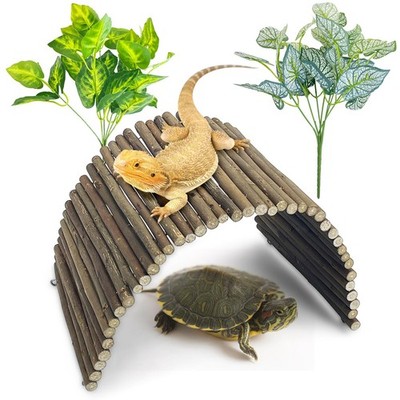 Large Reptile Hide Tortoise Hideout Bearded Dragon Wooden Bridge Snake Climbi...
